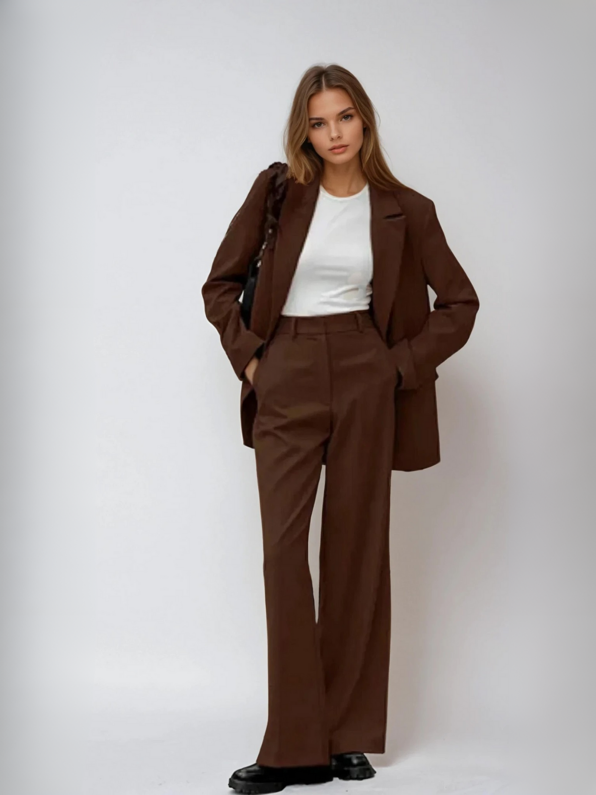 Carly - Mocha Vintage Blazer & Wide-leg Pants Matching Set