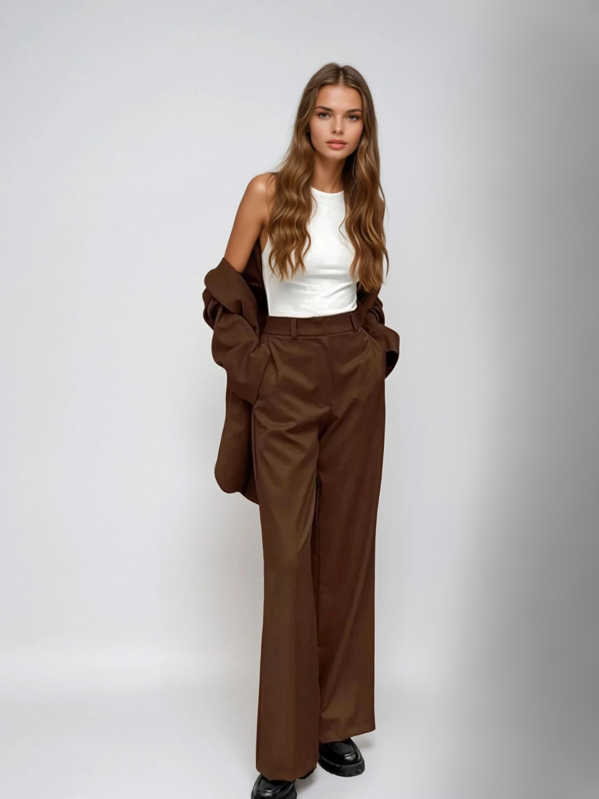 Carly - Mocha Vintage Blazer & Wide-leg Pants Matching Set
