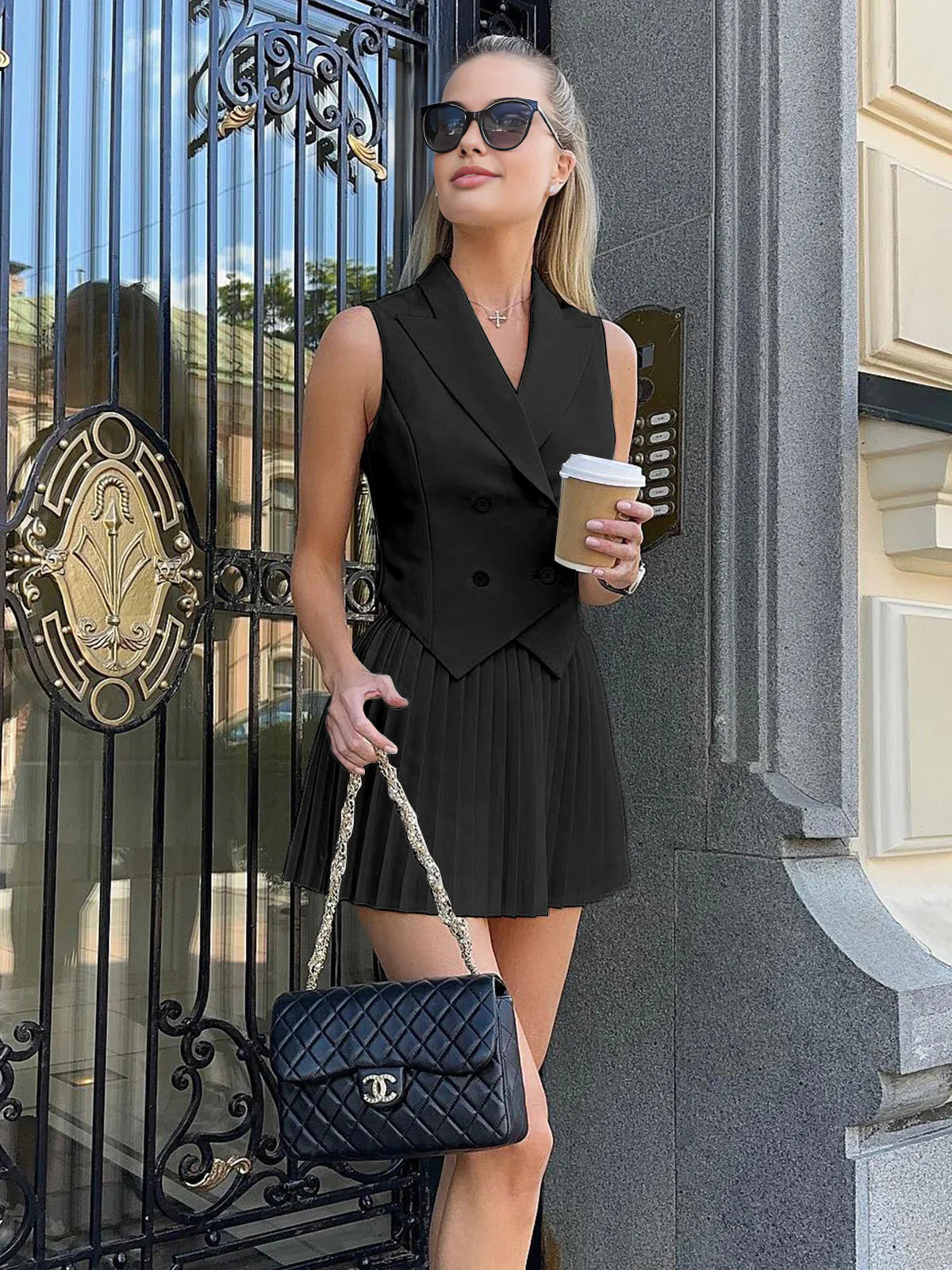 Noelle - Suit Waistcoat & Pleated Mini Skirt Set